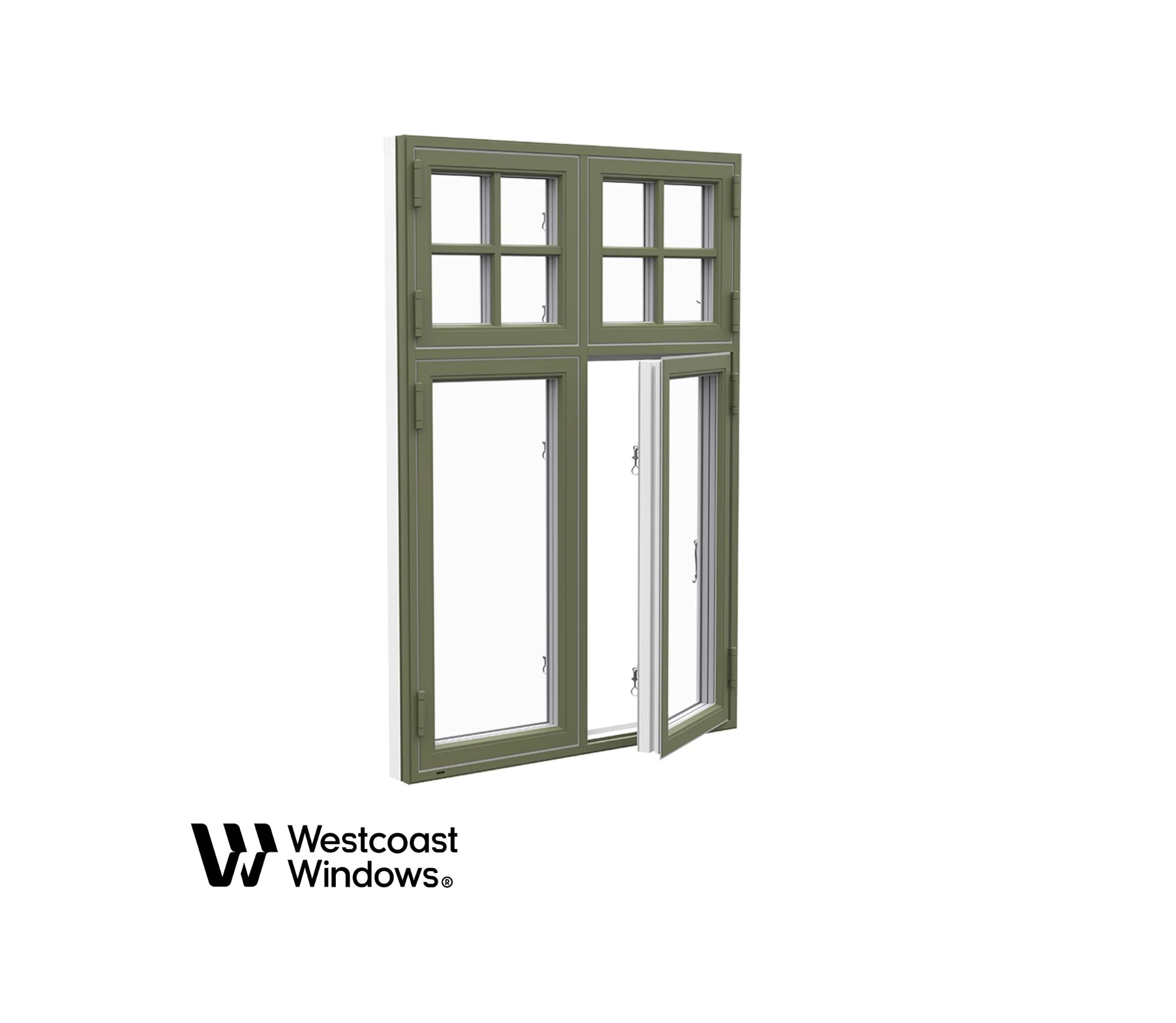 Fönster med grön ram, två öppningsbara glasrutor och fyra små rutor högst upp, med Westcoast Windows-logotyp.