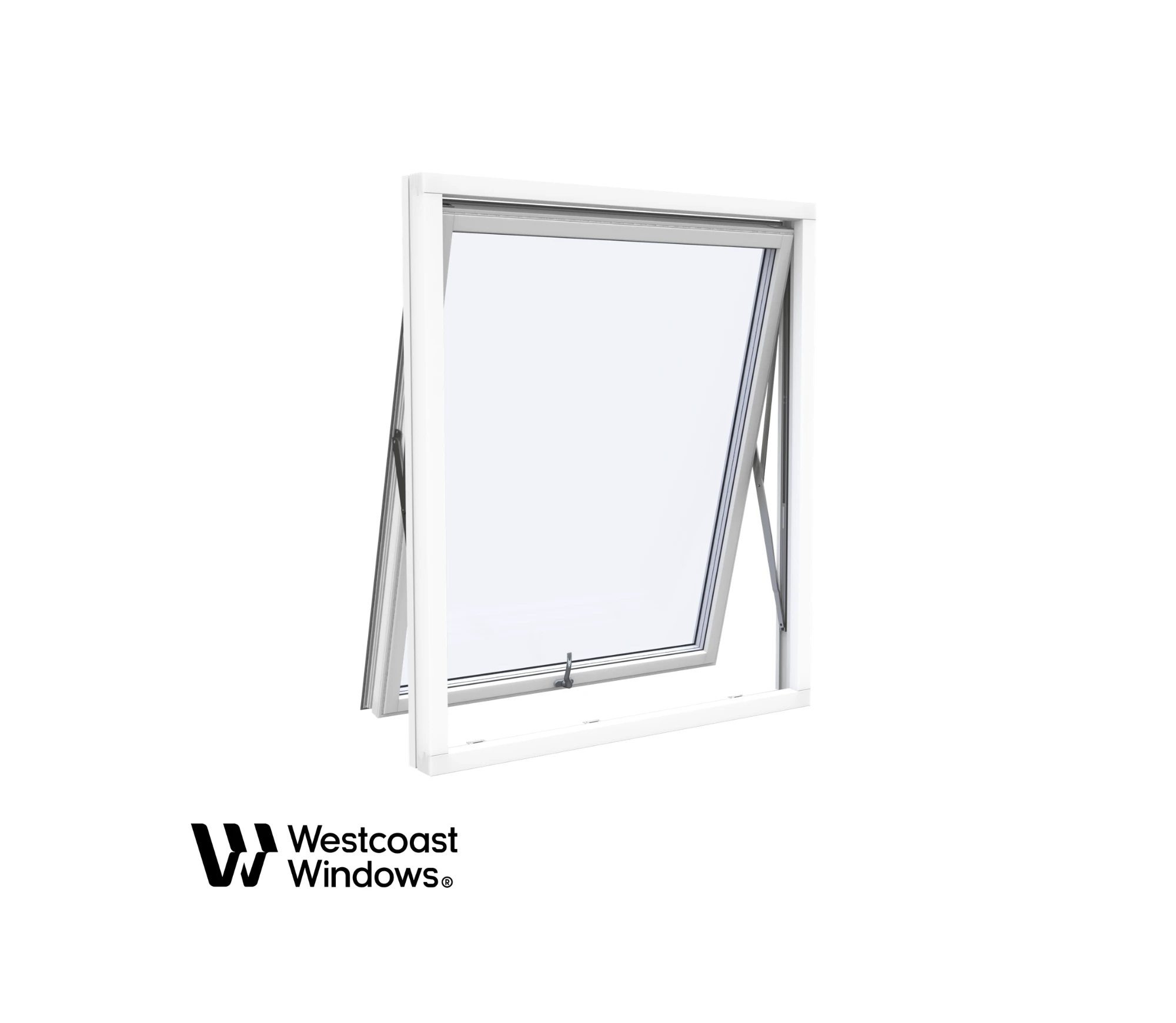 Ett vitt fönster med vändbara bågar, delvis öppet, med Westcoast Windows-logotypen i hörnet.
