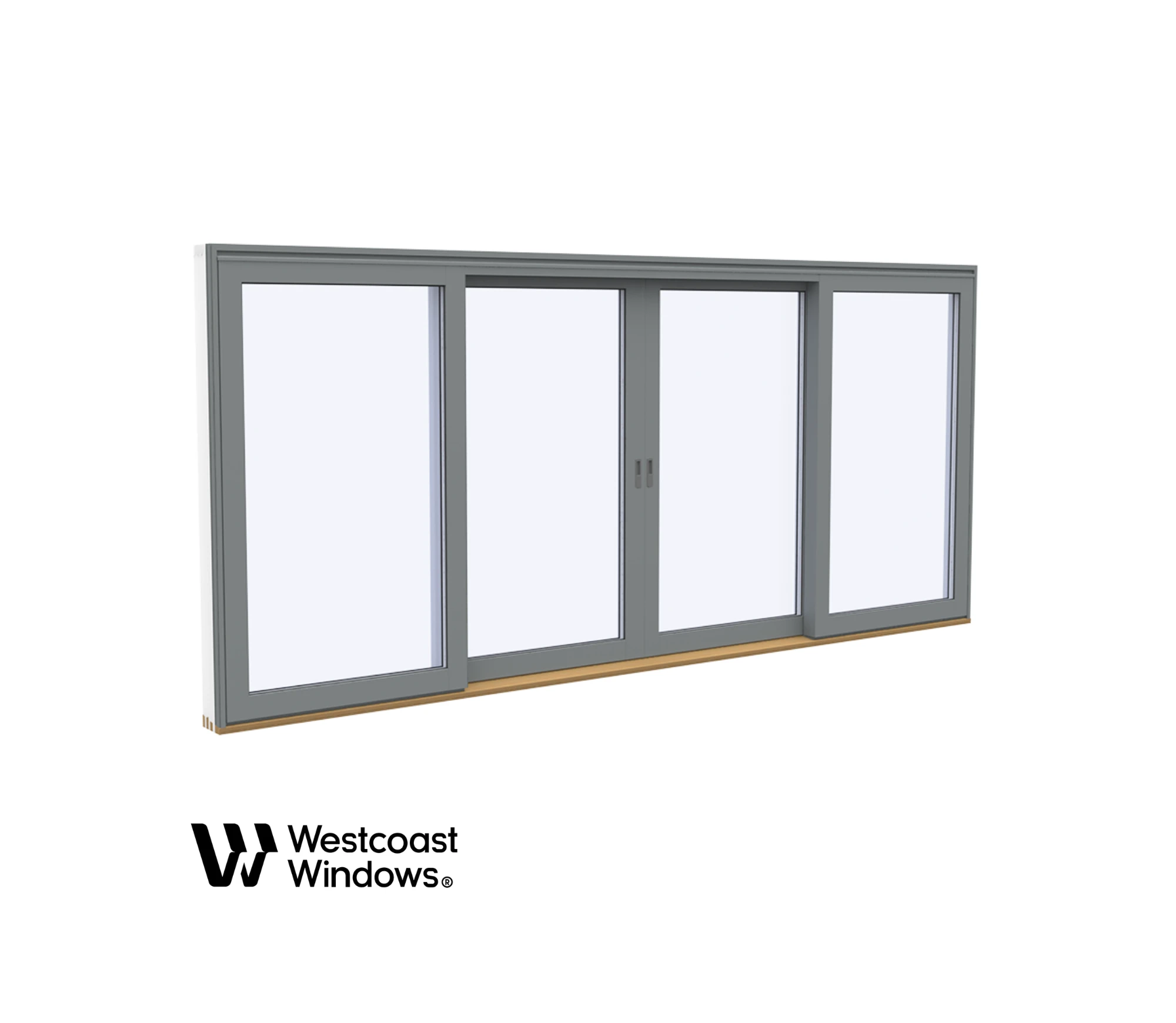 Glasskjutdörr med grå ram och fyra paneler med Westcoast Windows logotyp i hörnet.