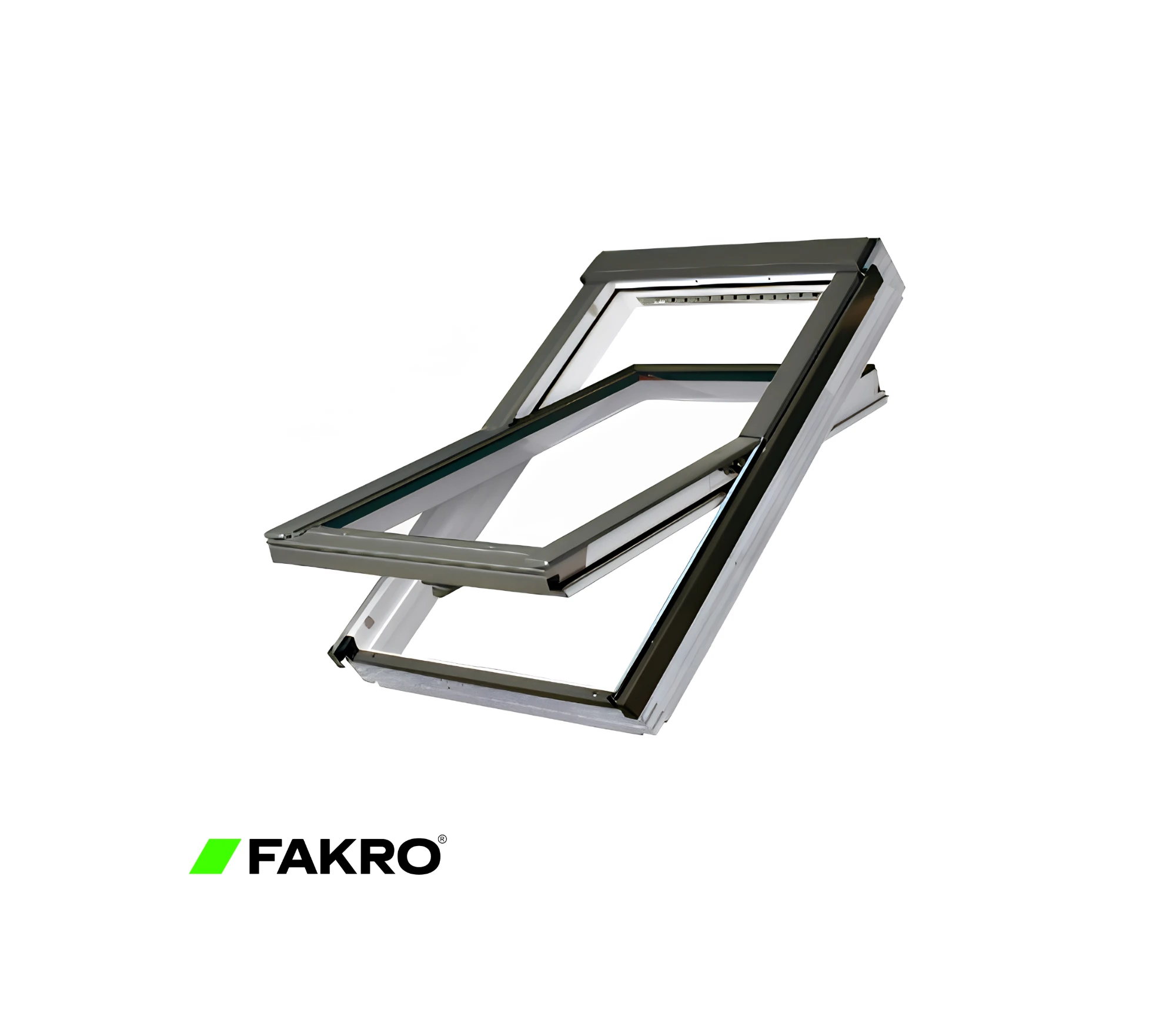 Öppen FAKRO takfönsterram på en vit bakgrund med FAKRO logotyp i hörnet.
