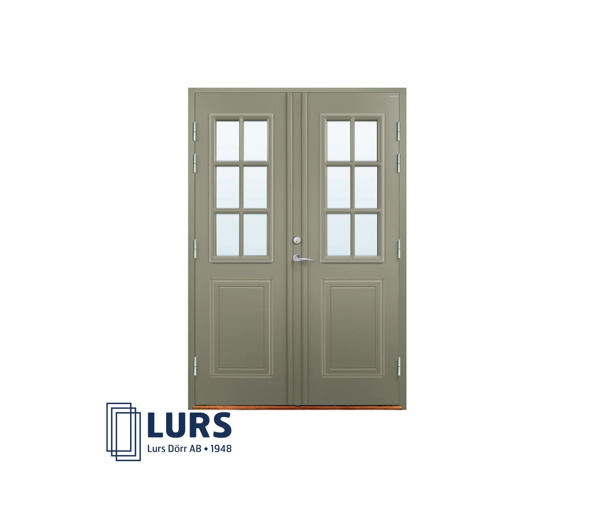 Grå dubbeldörr med glasfönster, mot vit bakgrund med LURS-logotypen.
