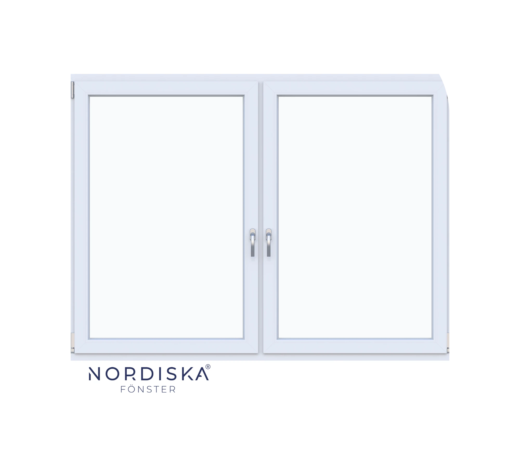 Vit dubbel fönsterkarm med handtag, med Nordiska Fönsters logotyp längst ner.