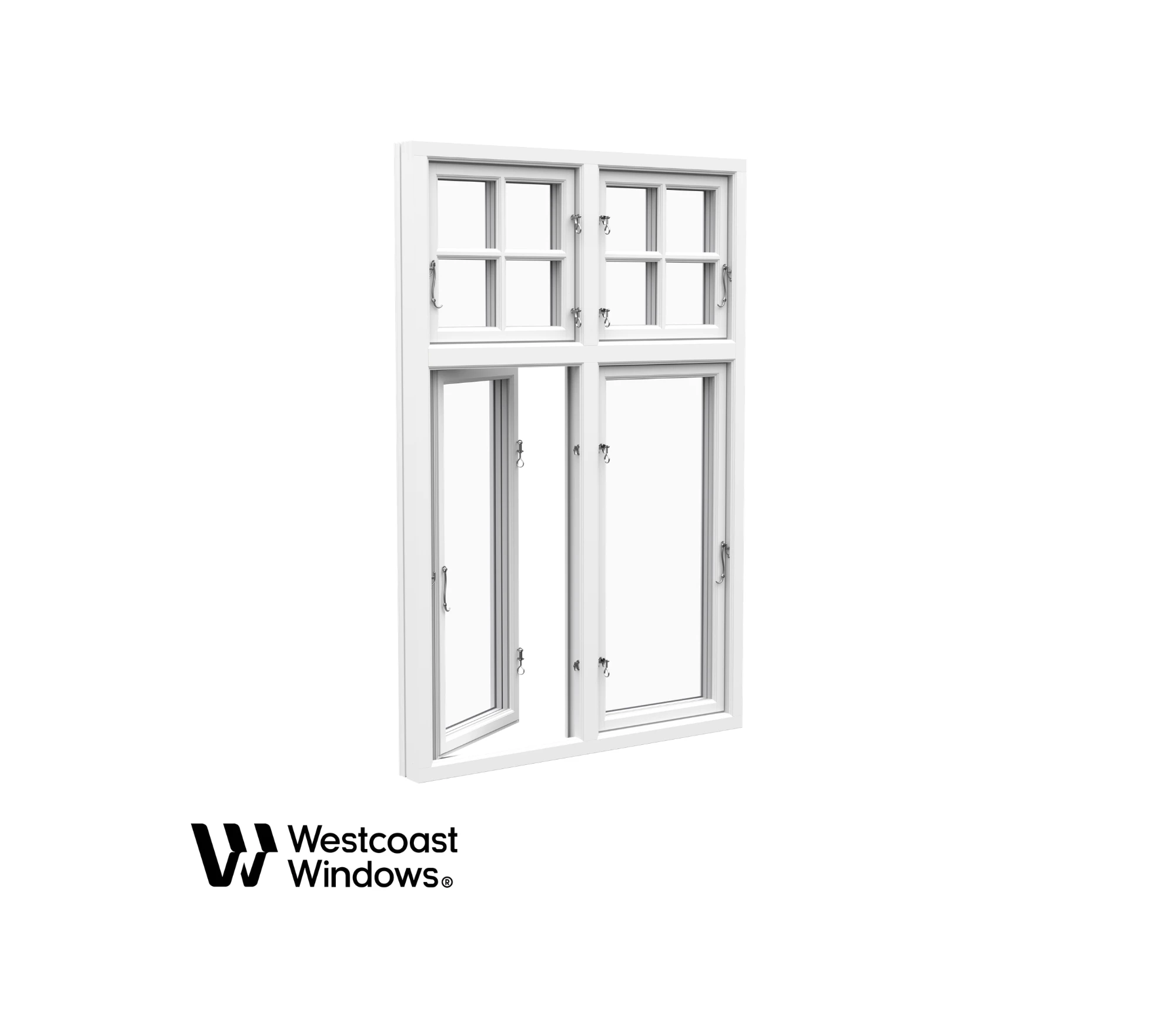 Vitt fönster med fyra rutor och handtag, Westcoast Windows-logotyp i det nedre vänstra hörnet.